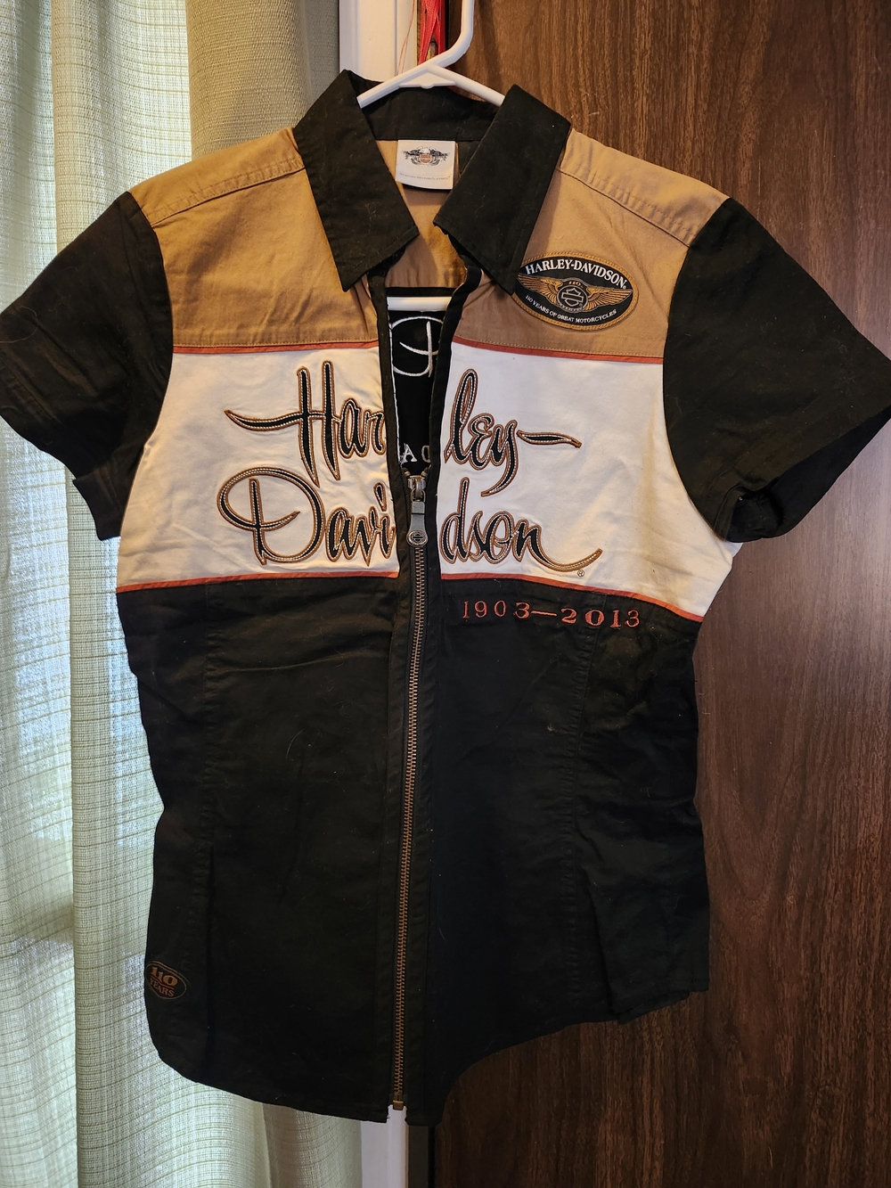 Harley-Davidson Small Black Tan White Short Sleeve Zip-Front Button Shirt